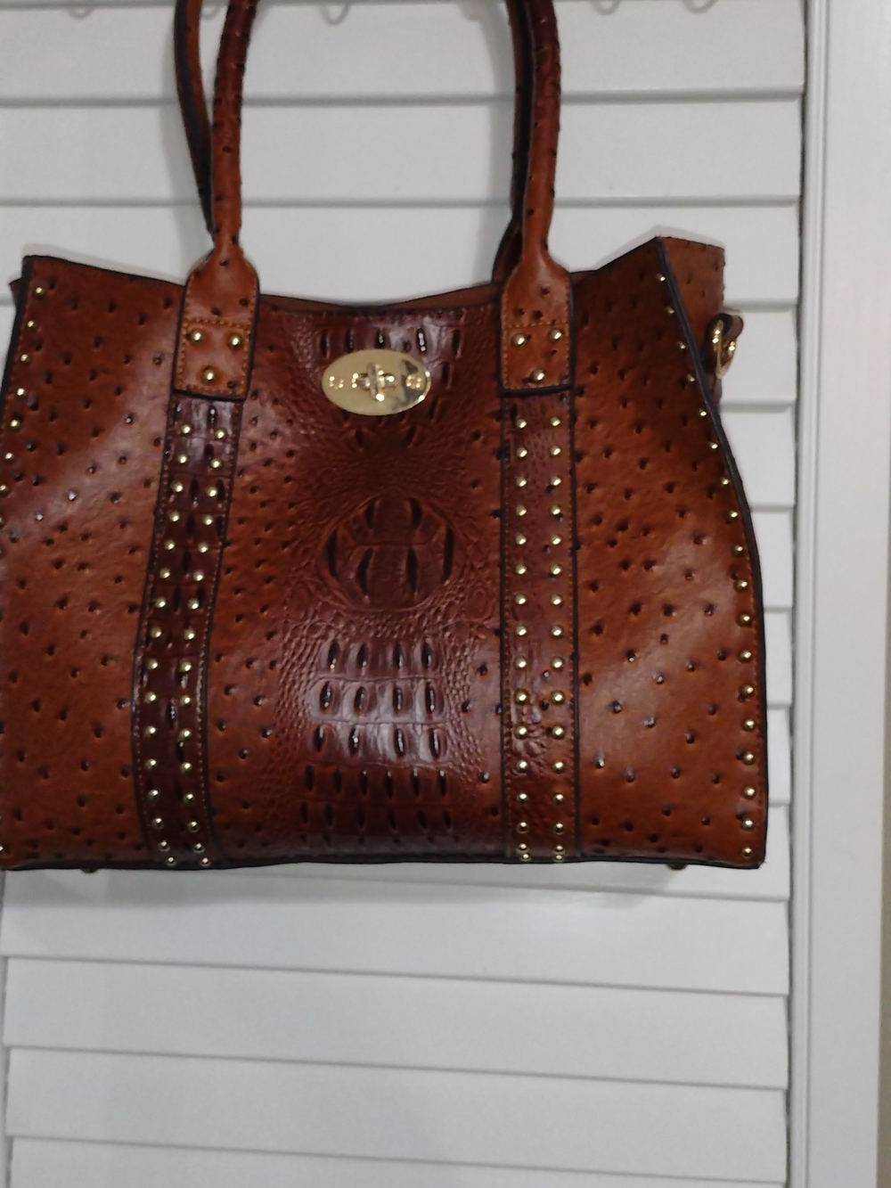 Cognac Ostrich-Embossed Studded Satchel